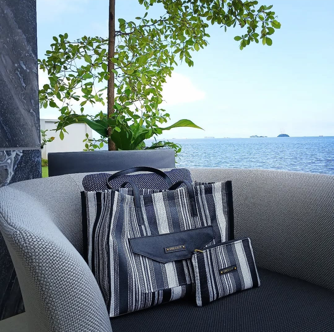 Sicily Open Beach Tote Set - Black/White Striped