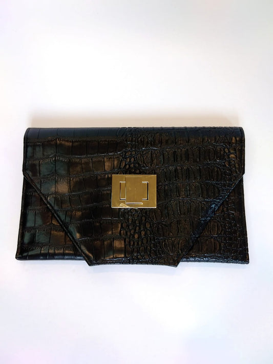 Croc Embossed Print Clutch -  Black